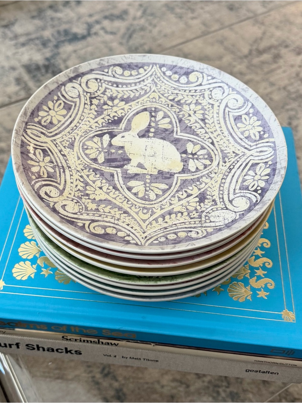 Pottery Barn Graphic Bunny 8” Salad Plates | Set of 8 Assorted Pastel Hues